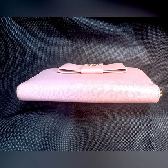 Prada Pink Bow Saffiano Zip Wallet Continental RARE DISCONTINUED - Picture 6 of 12